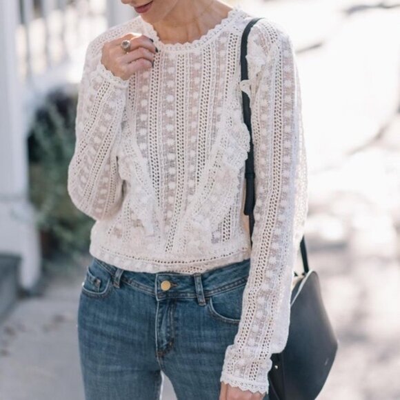 Sezane Madeleine Blouse Ecru Size 36 French US 4 Lace Embroidered Top Ruffle Dot - Picture 16 of 16